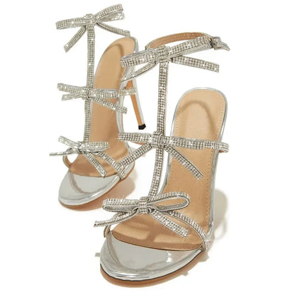 Aneikeh Fashion CRYSTAL Butterfly-knot Buckle Strap Woman Sandals Round Toe Stiletto High Heels Stripper Party Ladies Shoes