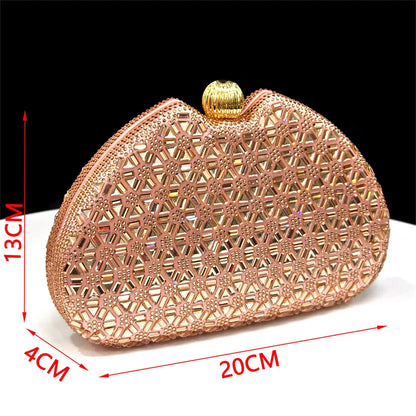 Elegant Champagne Color Pointed-Toe Italian Women's High-Heeled Shoe and Bag Set with Full Diamond Design for Parties