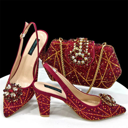 Pointed-Toe Rhinestone Pumps African Ladies Italian Shoe and Bag Set Designer