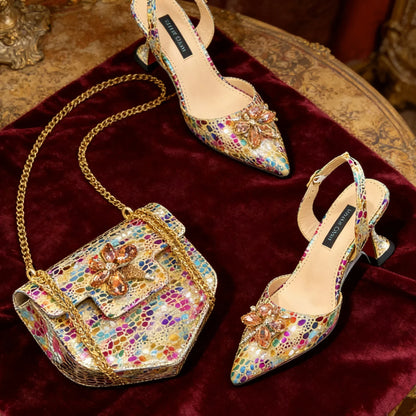 2026 Gold Color Thin Heels Pointed Toe Crystal Design Ladies Shoes Matching Bag Set For Women Weeding Party Pump
