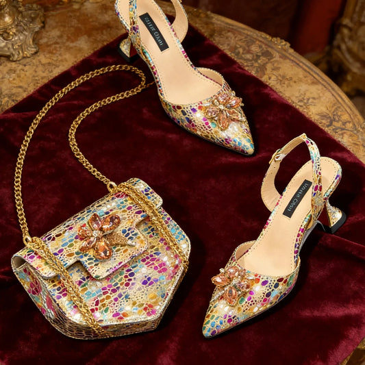 2026 Gold Color Thin Heels Pointed Toe Crystal Design Ladies Shoes Matching Bag Set For Women Weeding Party Pump