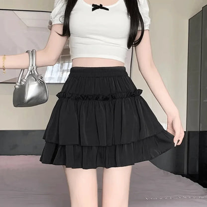 Chic Sweet Style Pleated A-Line Skirt Elegant Versatile Tiered Skirt Basic Cut High Waist Elastic Waist Skirt Summer