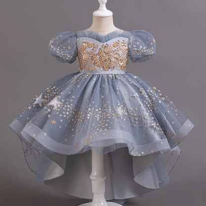 Girl Tail Wedding Bridesmaid Dress Children's Elegant Banquet Dress Children's Round Neck Sleeveless Dress Girl