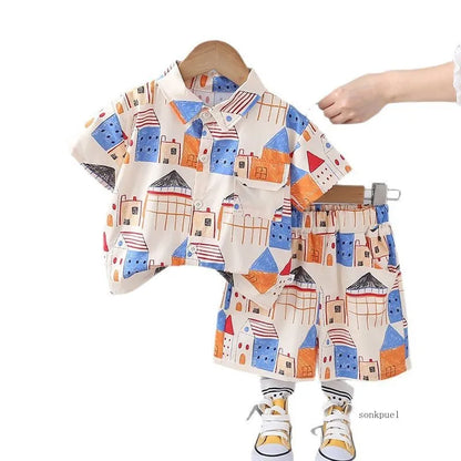 2PC Summer Boys' Short-sleeve Shirt Tops Print Fashionable Outfit for Outdoor Wear New Summer Trendy Set for Kids