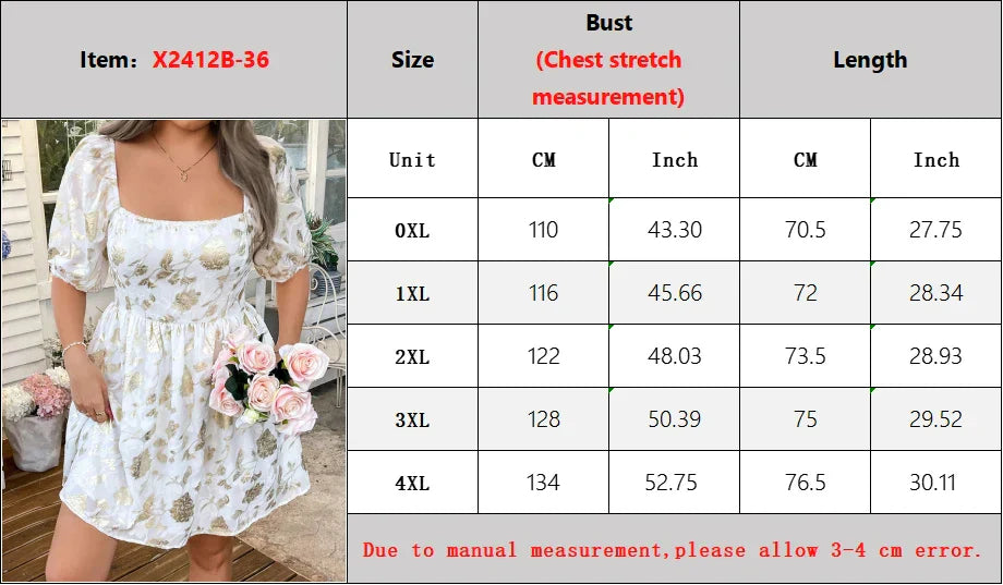 New French Elegant Square Neck Gold Digital Print Plus Size Dress Short Lantern Sleeve Mini Skirt Party Wedding Guest Dresses