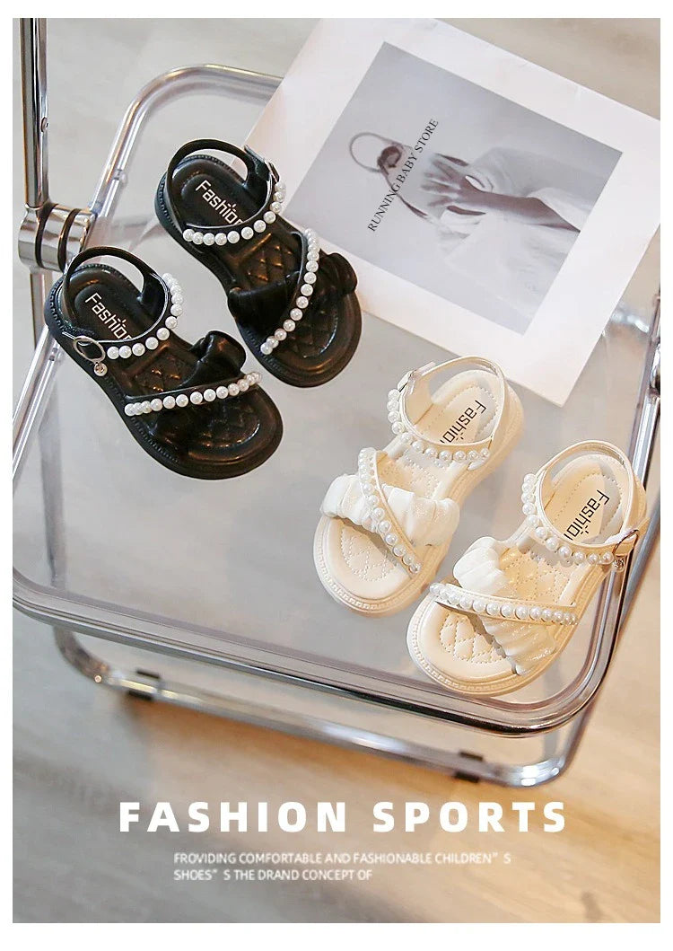 Chic Girls Pearl Flat Sandals 2026 Summer Baby Princess Girls Children Beige Dance Performance Shoes Girl Platform Sandal G05223