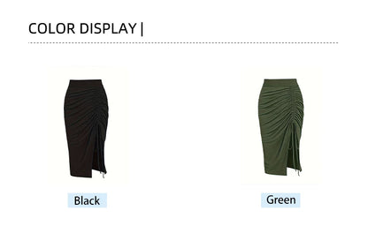 Plus Size 2024 Spring/Summer New  Solid Ruched Drawstring Split Skirt, Casual Bodycon Stretchy Skirt For Spring & Summer, Women