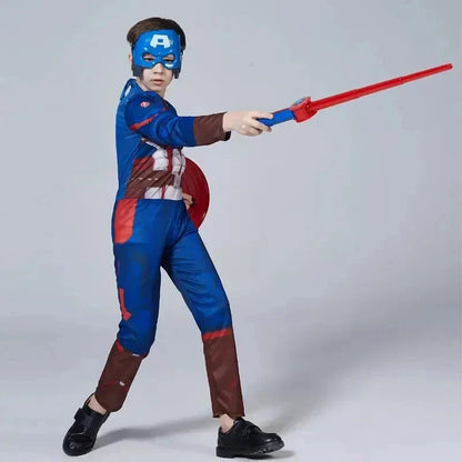 Captain America  Muscle Costume Superhero Captain America Muscle Jumpsuit Shield Cape Outfits Halloween Carnival Costumes