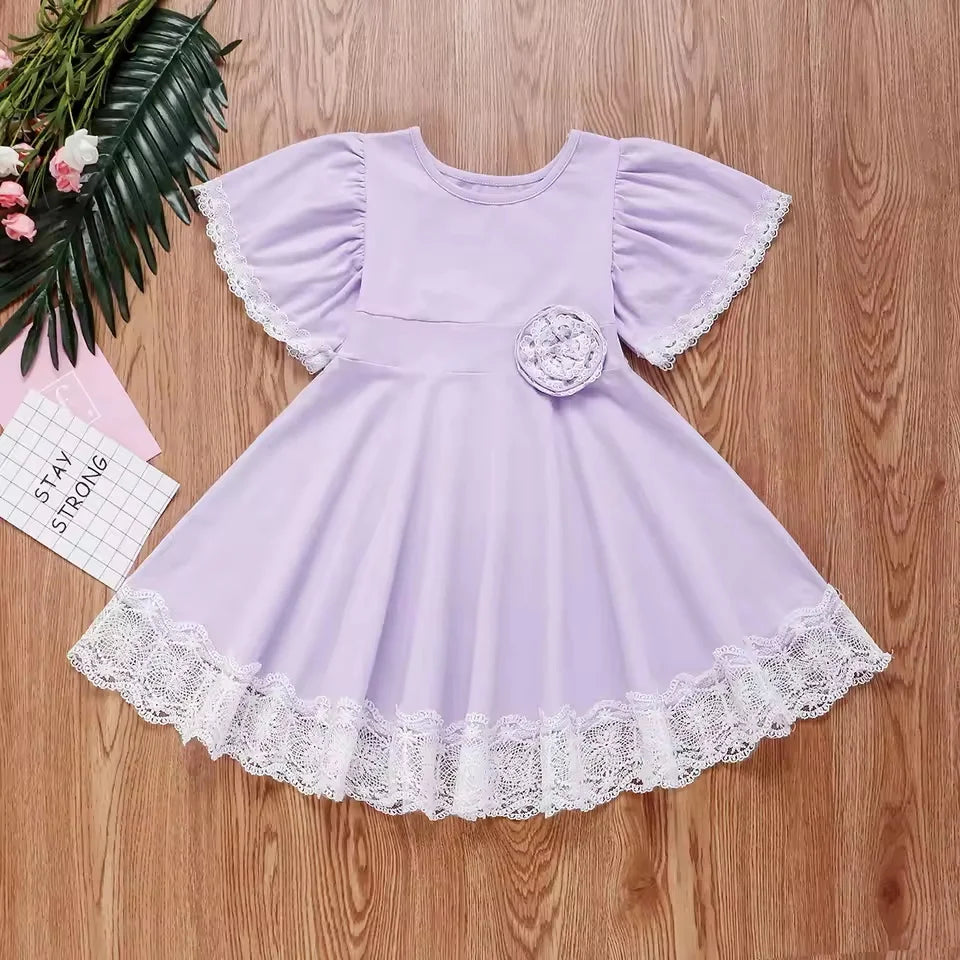 2026 New Casual Vacation Girls Summer Dress Ruffle Lace Baby Girl Princess Dress Children Flower Embroidery Outfits 0-6 Years