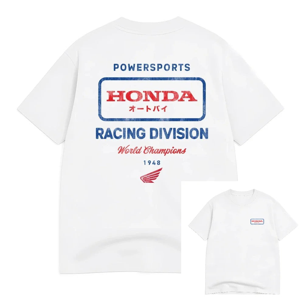 A camiseta do piloto da série "Retro Motorcycle" apresenta uma blusa de manga curta e gola solta no estilo hip-hop, da Honda, modelo "Non-wing".