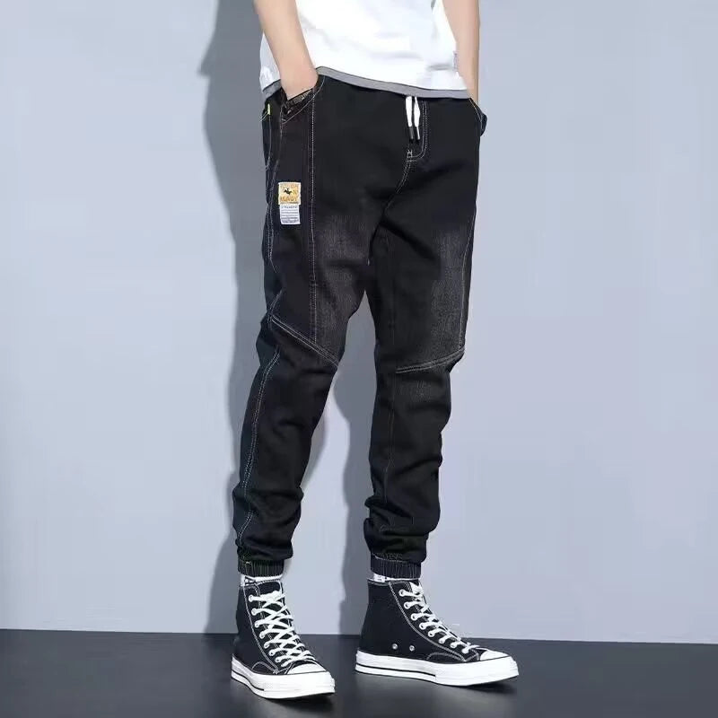 Men Jeans Elastic Tie Up Harem Denim Pants Male Bound Feet Designer Cargo Joggers Denim Trousers Daily Narrow Leg Casual Jeans