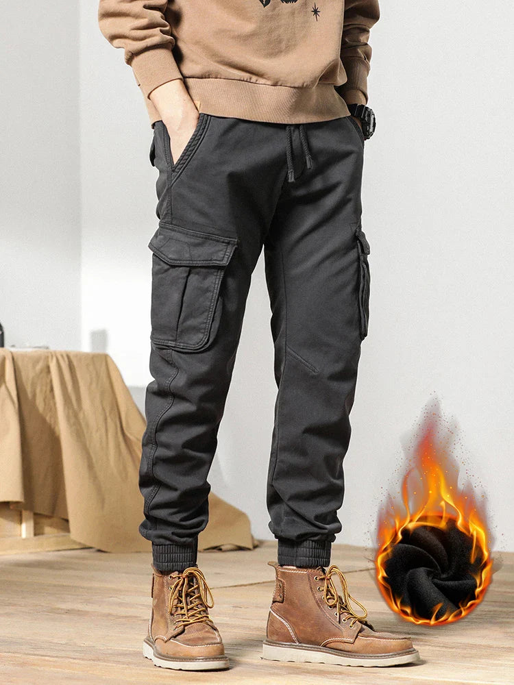 2023 New Multi-Pockets Winter Cargo Pants Men Fleece Liner Thick Warm Slim Fit Joggers Streetwear Casual Cotton Thermal Trousers