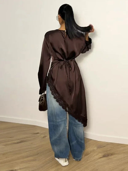 Women's Satin Blouse With Lace Trim Fashion O-neck Long Sleeve Lace Up Waist Irregular Tops 2026 Spring New Chic Lady Streetwear