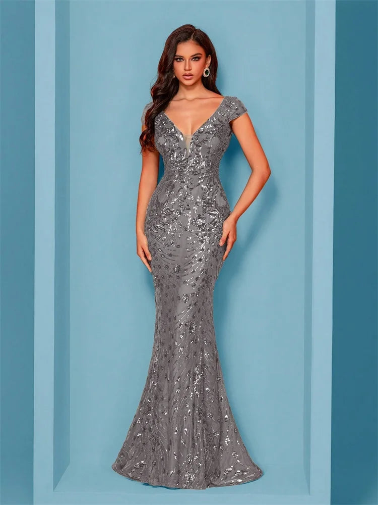 Elegant Champagne Evening Dress For Women Long 2024 Luxury Mermaid Formal Sequins Prom Wedding Party Cocktail Dresses