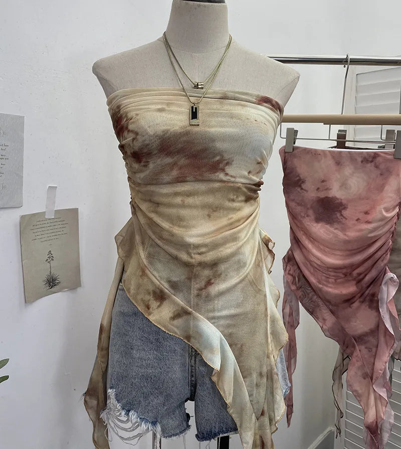 Tie Dye Summer Tops for Women Y2K Strapless Sleeveless Asymmetrical Ruffle Fishtail Ruched Stretch Mesh Vintage Clothes
