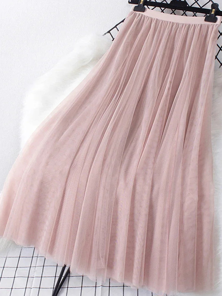 New large hem chiffon long skirt for women's Korean casual simple solid color three-layer A-line high waisted long skirt