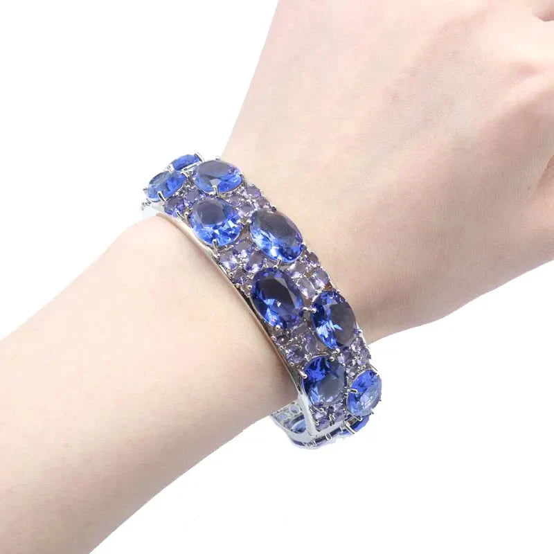 24x20mmEye Catching 51.2g Big Size Pink Kunzite Blue Aquamarine Violet Tanzanite Iolite Silver Bangle Bracelet 7.5inch