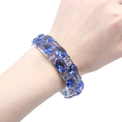24x20mmEye Catching 51.2g Big Size Pink Kunzite Blue Aquamarine Violet Tanzanite Iolite Silver Bangle Bracelet 7.5inch