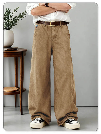 American Men's Retro Brown Ultra Baggy Wide Leg Jeans Street Casual Embroidery Oversized Men's Clothes Unisex Denim Pants