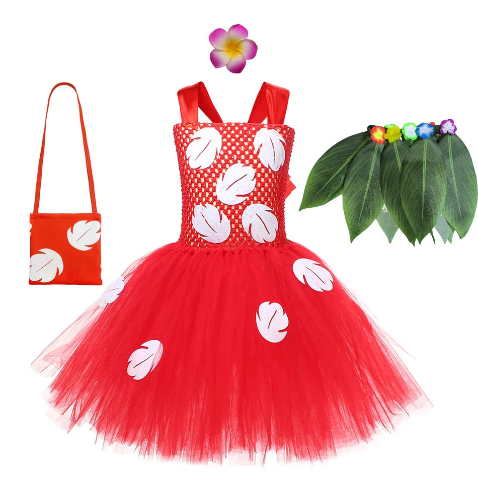 Kids Cosplay Dress for Girls Lilo Inspired Hawaiian Costume With Wreath Necklace Bag Doll for Halloween Birthday