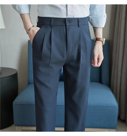 Men's Old Money Style Linen-Cotton Pleated Dress Pants – Lightweight, Semi-Elastic Waist & Wrinkle-Free for Summer