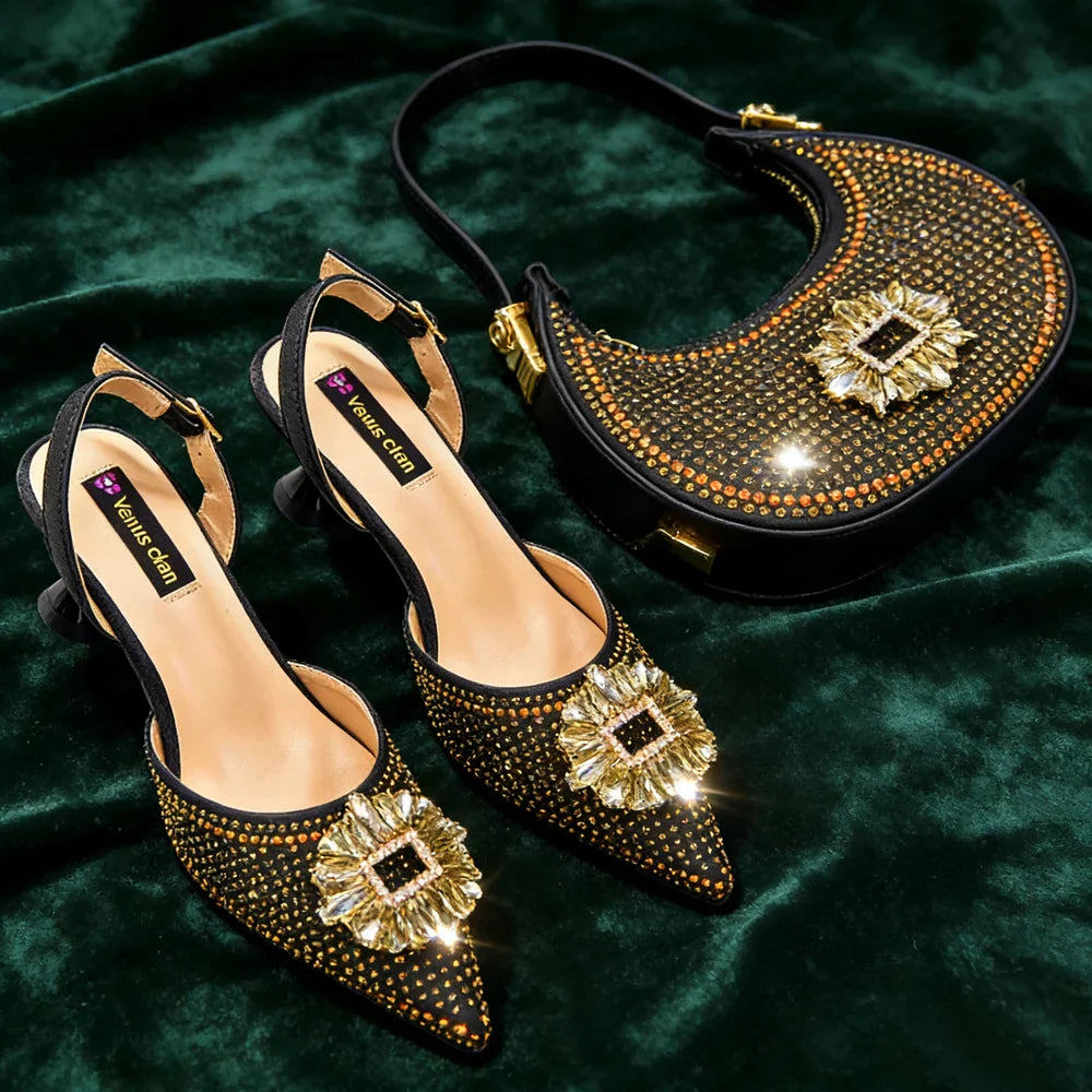 Sapatos Elegantes de Festa Femininos Nigerianos com Salto Médio e Bolsa Combinando – Calçados da Moda de Bico Fino para Ocasiões Especiais