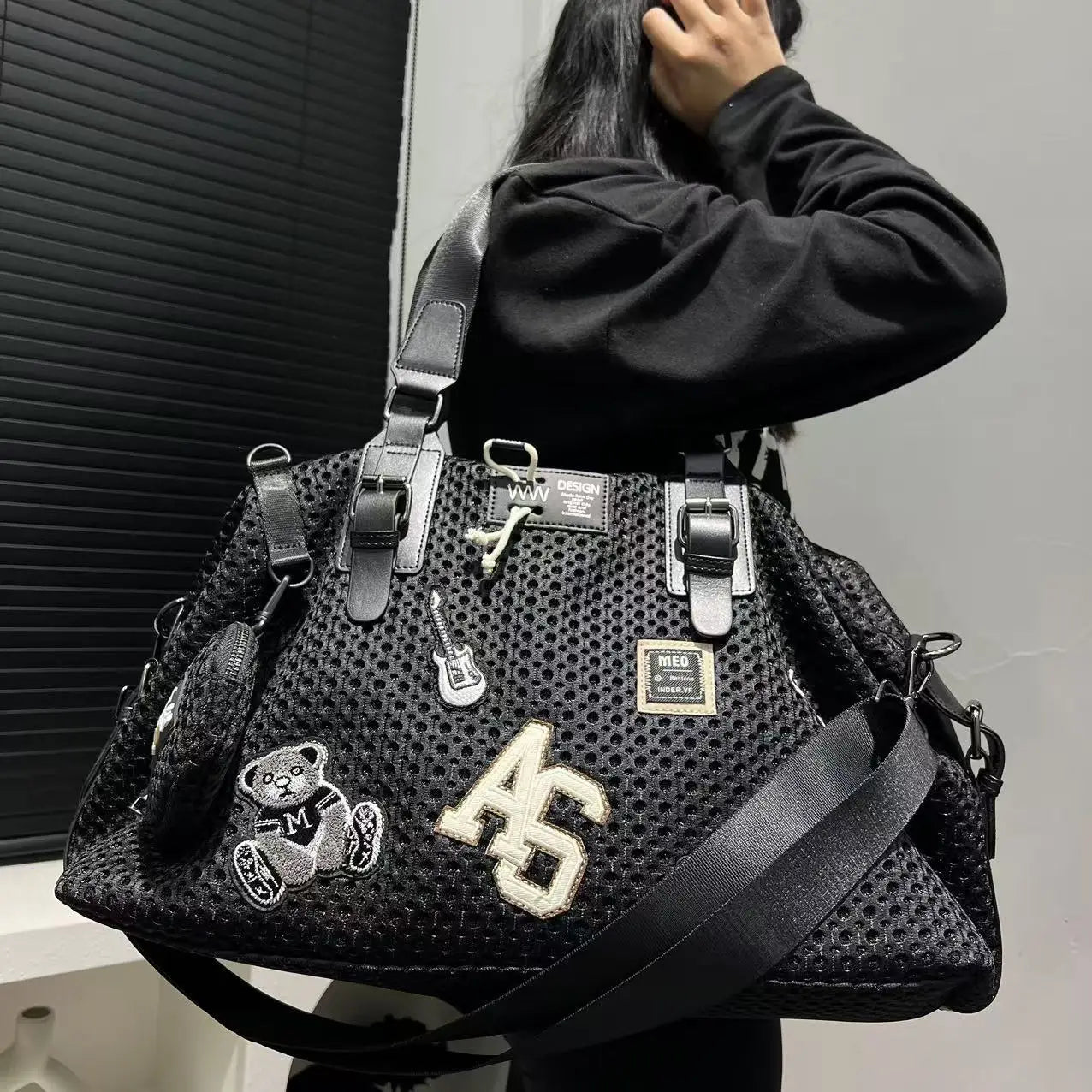 Fashionable women's mesh nylon adhesive tote bag, large capacity splicing shoulder bag, short distance travel casual handbag