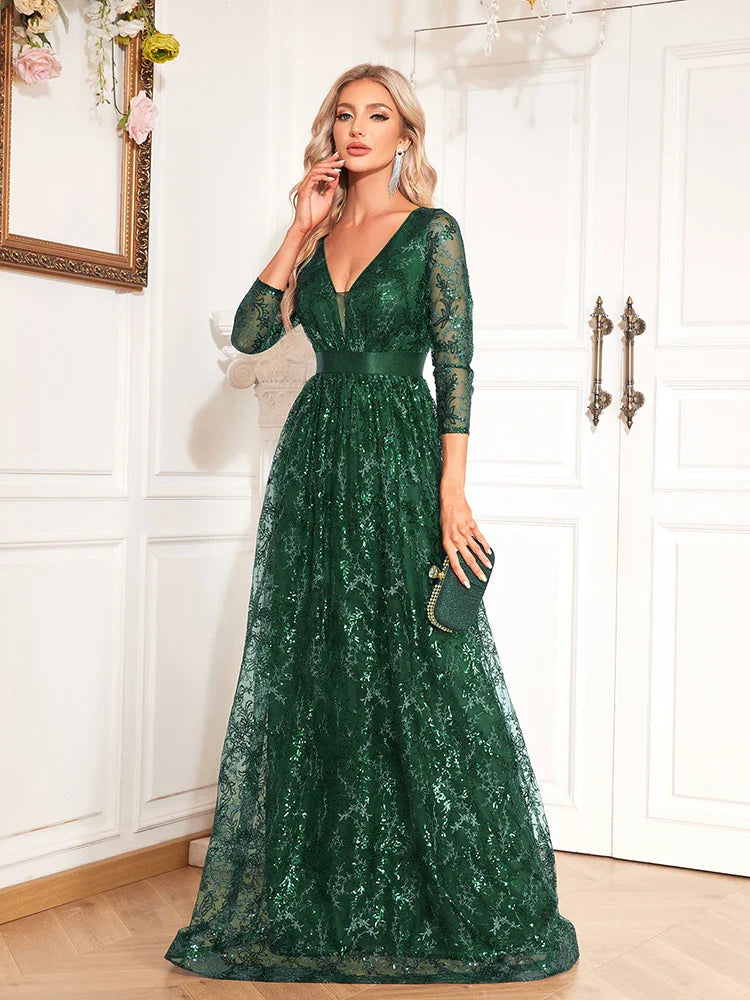 New Elegant Blue V-Neck Floral Evening Dress Long 2025 Luxury Women Long Sleeve Wedding Party Cocktail Dress Prom