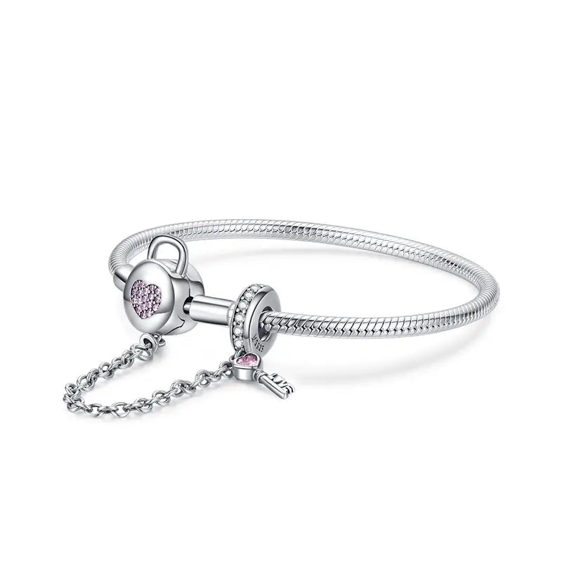 925 Sterling Silver Snake Chain Bracelet Zircon Pink Heart Lock and Key Safety Charm Bracelet for Women Gift SCB143