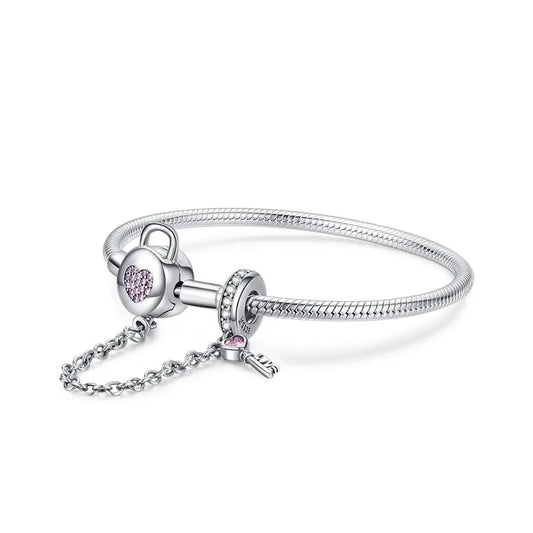 925 Sterling Silver Snake Chain Bracelet Zircon Pink Heart Lock and Key Safety Charm Bracelet for Women Gift SCB143
