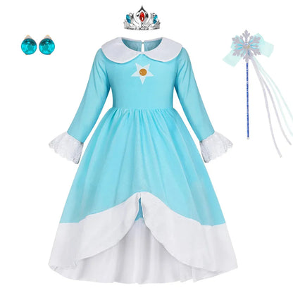 Rosalina Dress Girls Peach Cosplay Kids Party Princess Costume Birthday Blue Dresses Children Clothing