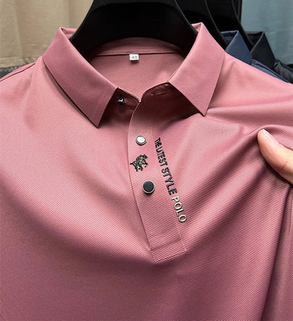 High quality ice silk breathable short sleeve T-shirt Men's 2023 Summer Fashion Embroidery Casual Elastic Comfort polo shirt