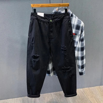 2023 Spring and Autumn New Fashion Solid Color Ripped Jeans Men's Casual Loose Comfortable High-Quality Large Size Trousers 36