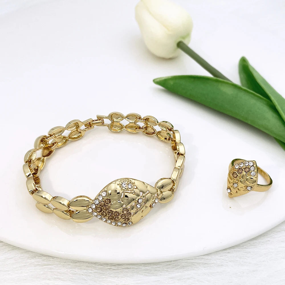 Quality Women Jewelry Sets Luxury Design Dubai Trending Gold Color Necklace Earrings Ring Bracelet Wedding Party Gift