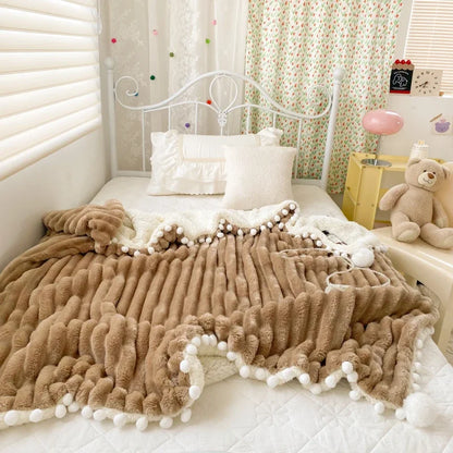 Solid Color Striped Fluffy Blanket Milk Velvet Soft Blanket with Cute Pompoms 3D Stereo Craft Travel Warm Bedding All Season