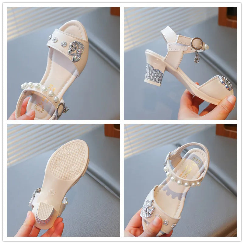 Girls Shiny Rhinestone Flowers Leather Sandals 2026 New Summer Toddler Strappy Sandals Hight Heel Soft Sole Princess Style Shoes