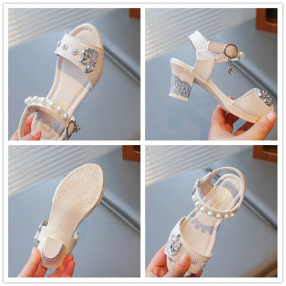Girls Shiny Rhinestone Flowers Leather Sandals 2026 New Summer Toddler Strappy Sandals Hight Heel Soft Sole Princess Style Shoes