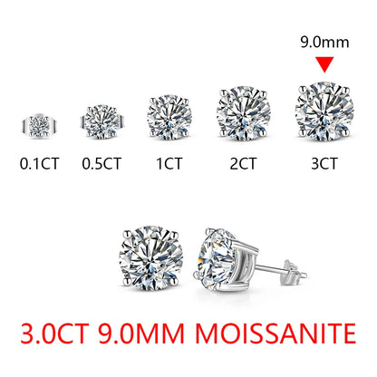 2 Carat 8.0mm D Color Moissanite Stud Earrings For Women Top Quality 100% 925 Sterling Silver Sparkling Wedding Jewelry