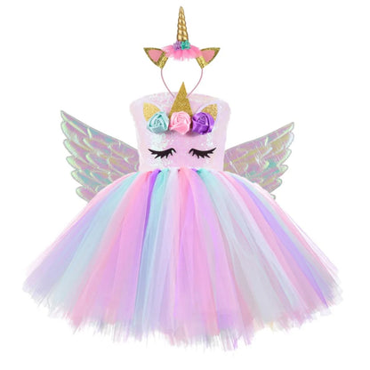 Vestidos de Unicórnio Princesa para Meninas, Trajes Tutu, Flores em Tons Pastel, Vestidos de Aniversário para Bebês, Tule, Fantasias Infantis para Halloween e Cosplay