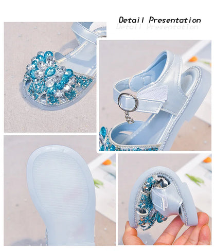 Girls Crystal Slip-On Shoes Soft Bottom Rhinestone Princess Flats Spring Autumn New Style Kids Lightweight Sweet Leather Shoes