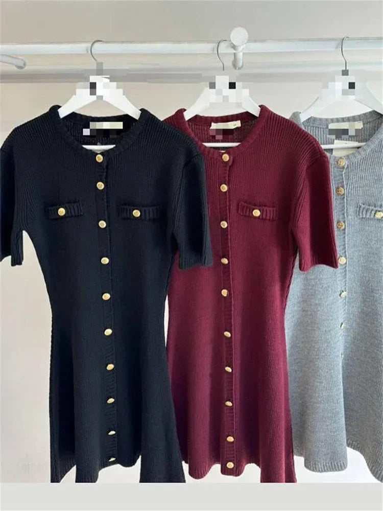 Elegant Knit Mini Dress Women Street Slim High Waist Short Sleeve Rib Sweater Dresses Vacation Bodycon Knitwear Dress