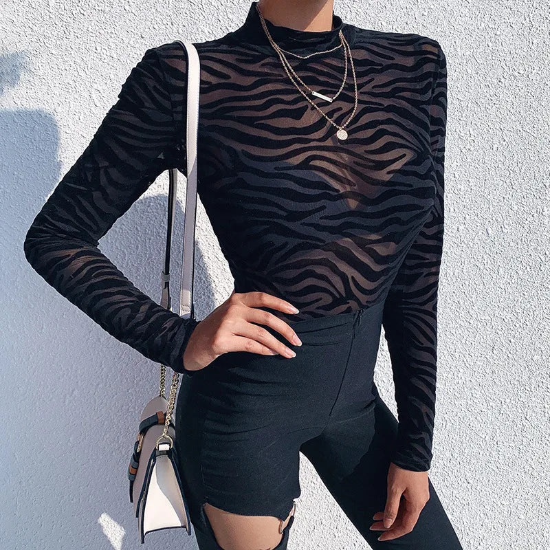 Black Striped Sexy Bodysuit Lingerie See Through Mesh Body Feminino Long Sleeve One-pieces Bustier Turtleneck Corset Tops Women