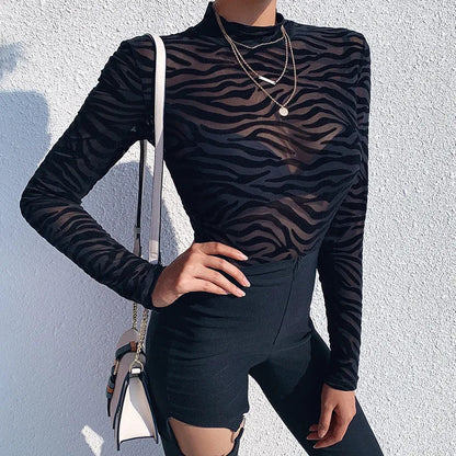 Black Striped Sexy Bodysuit Lingerie See Through Mesh Body Feminino Long Sleeve One-pieces Bustier Turtleneck Corset Tops Women