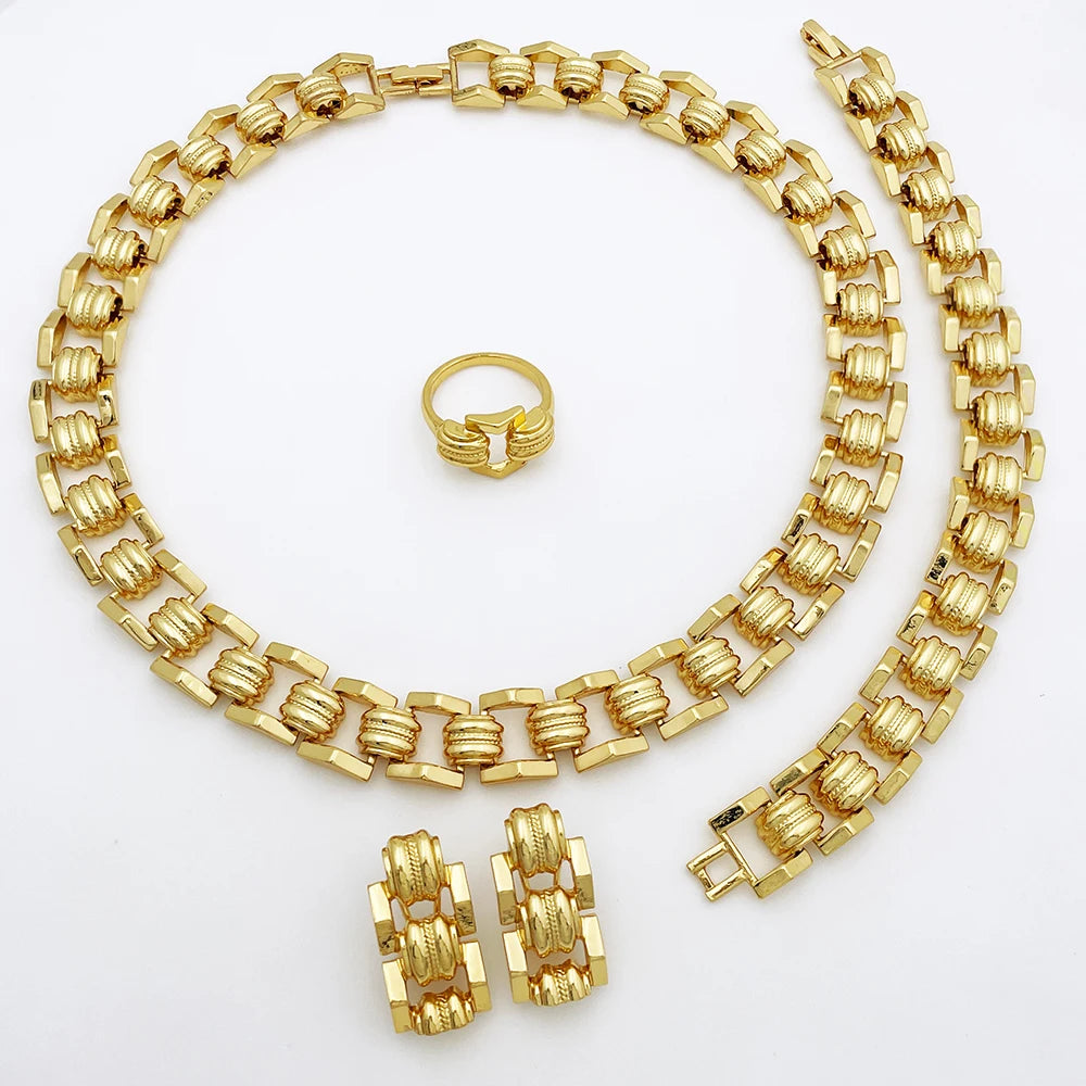 Conjunto de Joias de Alta Qualidade para Mulheres Dubai Nigéria Joias de Festa Colar Brincos Pulseira e Anel Presente para Festa de Casamento