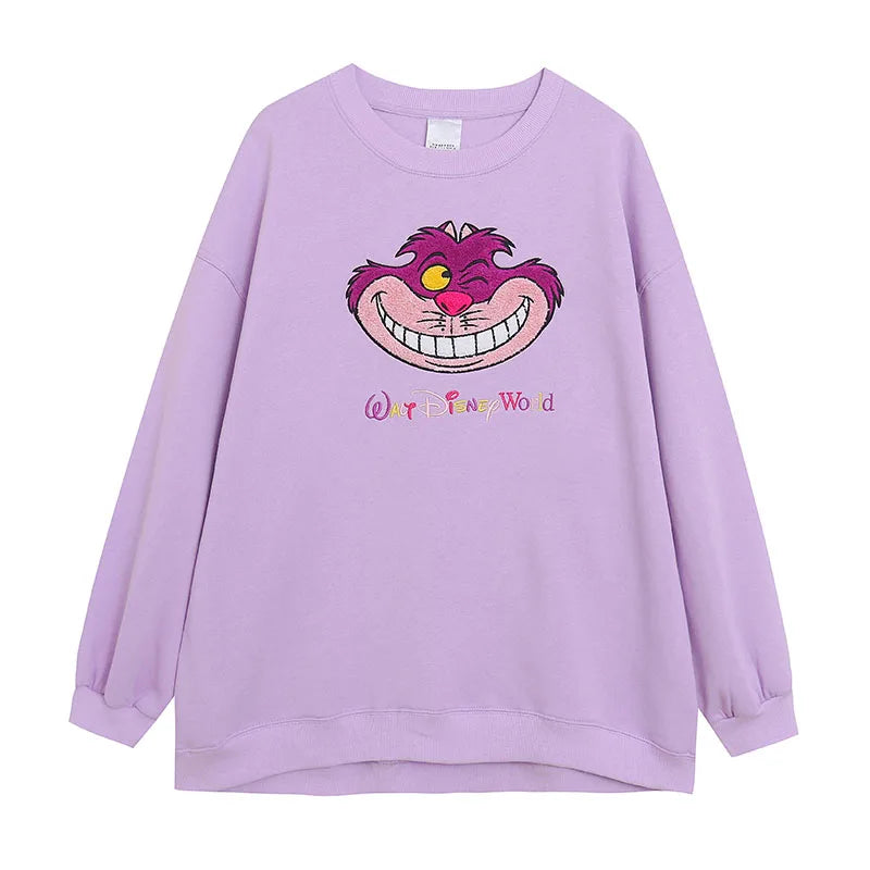 Embroidery Sweatshirt Women Casual Fleece Jumper Tigger Cheshire Cat Cartoon Loose Pullover Top O Neck