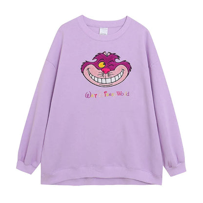 Embroidery Sweatshirt Women Casual Fleece Jumper Tigger Cheshire Cat Cartoon Loose Pullover Top O Neck
