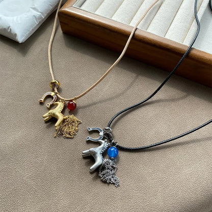 Minar Funny Metallic Cartoon Horse Multi Tassel Beads Pendant Necklaces for Women Female Adjustable Long Wax Rope Chain Chokers