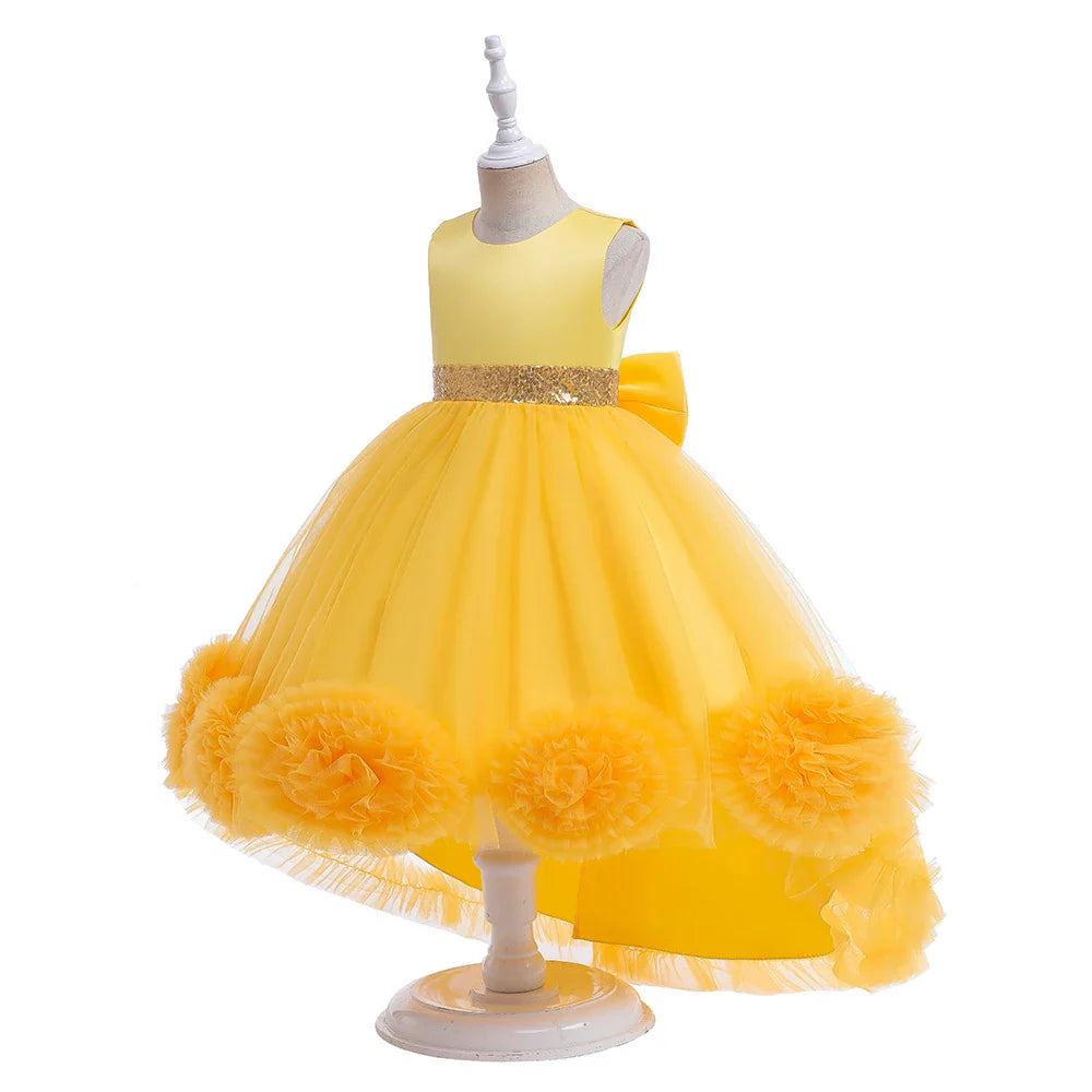 Elegant Trailing Flower Party Girls Dress Summer Wedding Bridesmaid Princess Prom Dress Girl Tull Bow Birthday Evening Ball Gown