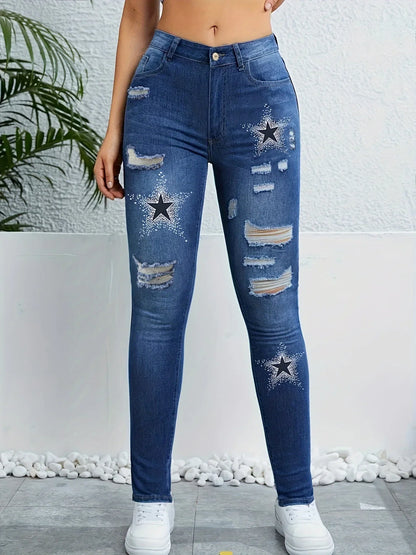 Women's Fashion Hole Spell Color Skinny Jeans
