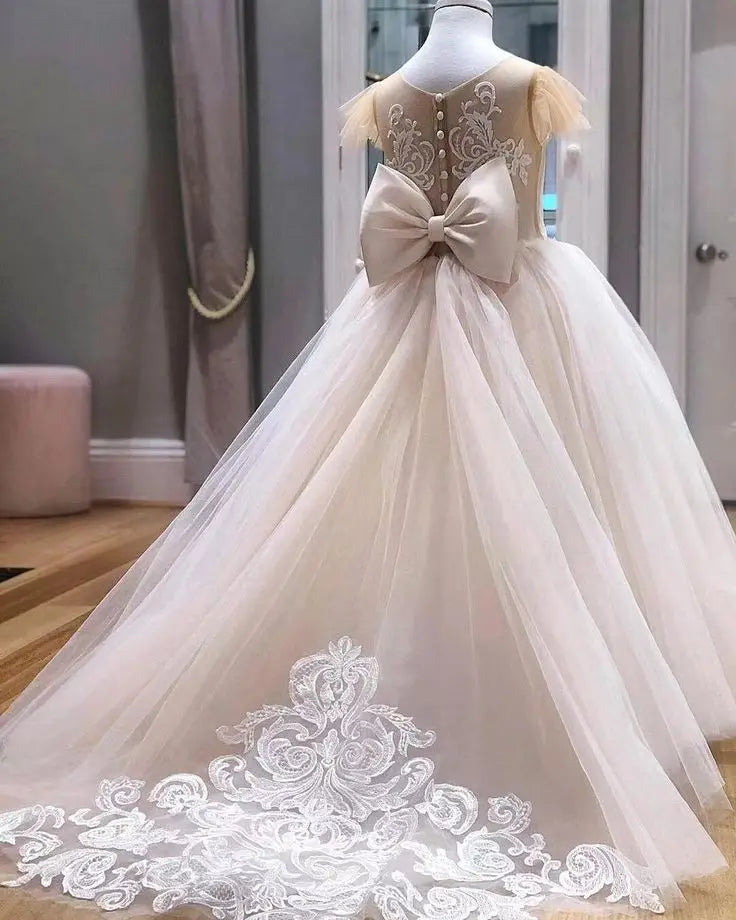 Pretty Dress Pink Flower Girl Dress Princess Lace Floral Appqulies Tulle Fluffy Skirt Floor Length Ball Gowns Comuunion Party